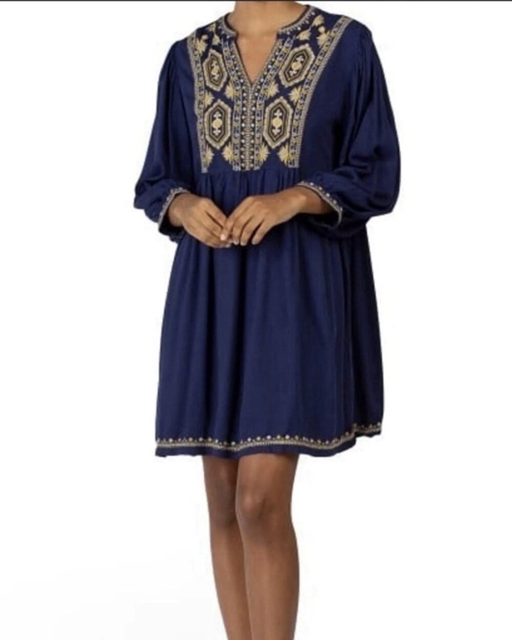 Solitaire Embroidered Boho Babydoll Tunic Mini Dress XL Boho Rayon Navy Blue